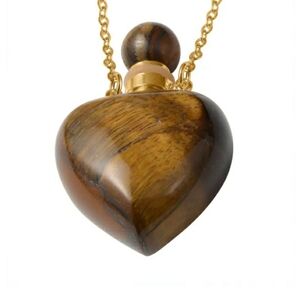 NWT, Hand Carved 8ctw Tiger's Eye Heart Perfume Bottle Necklace in Gold over